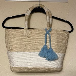 Altru Goods Beige and white straw tote bag